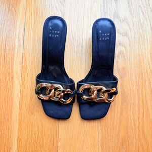 A New Day Black Sandals with Gold Chain Accent